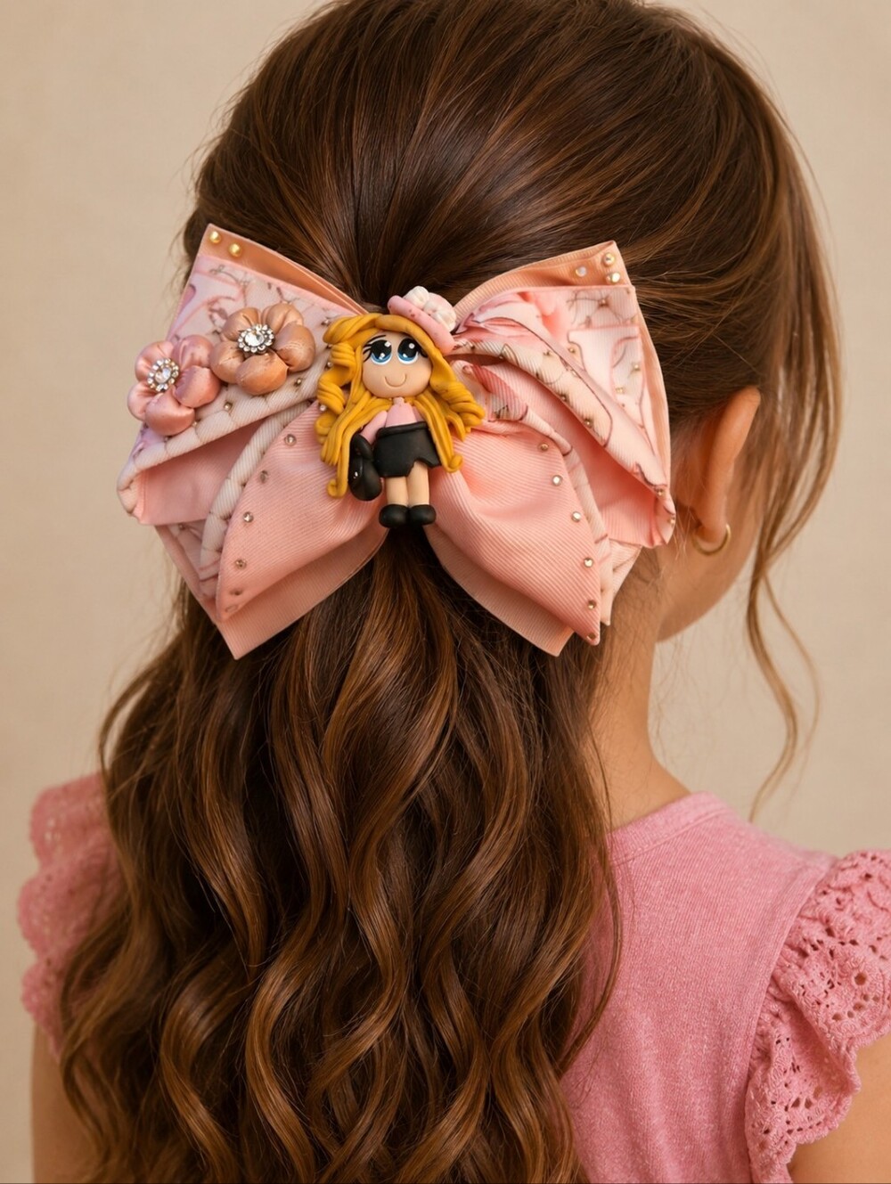 Large Pink Bedazzled Clay Shopper Girl Floral Clip-On Ribbon Bow